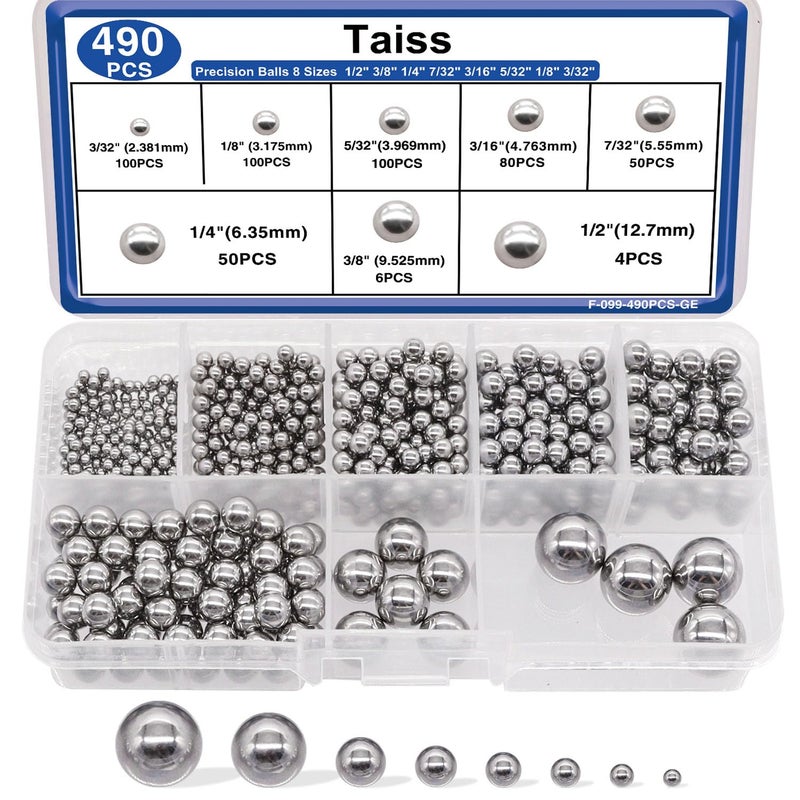 Taiss مجموعة كرات الصلب الدقيقة 490 قطعة 8 أحجام، كرات تحمل الدراجة 1/2" 3/8" 1/4" 7/32" 3/16" 5/32" 1/8" 3/32" ، كرات معدنية F-099-490PCS-GE - Image 1